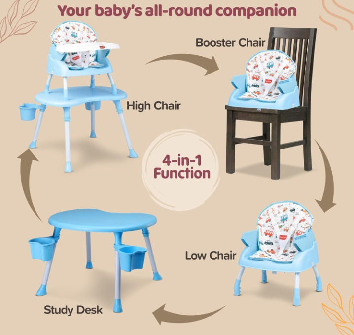 Luv Lap 4 in 1 Convertible Baby High Chair with Printed Cushion, 5 Point Safety Belts, High Chair, Low Chair, Booster Chair and Table for Baby, Remobavle & Washable , Blue