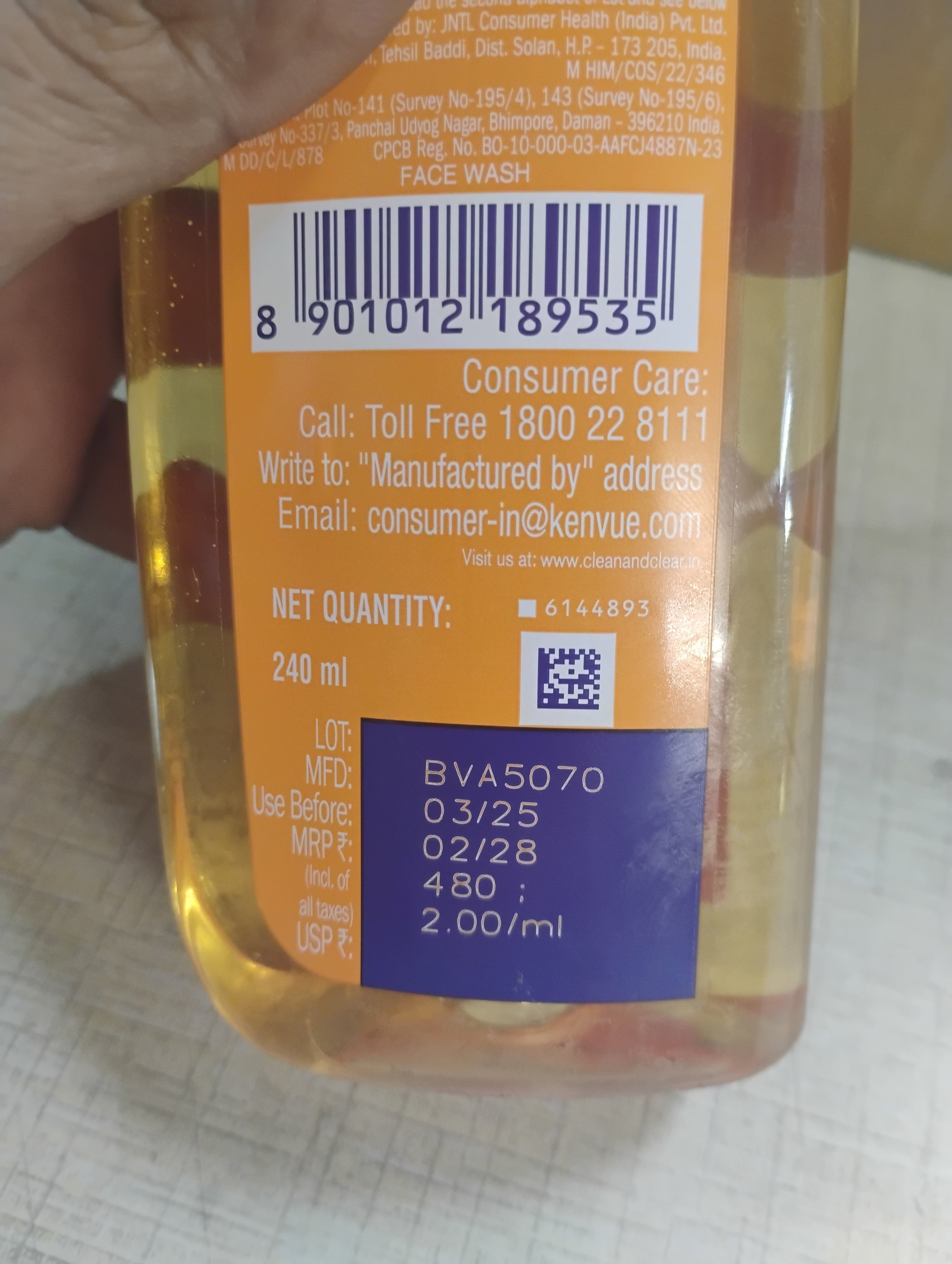 CLEAN & CLEAR FOAMING FACE WASH 240 ML MRP 480/-