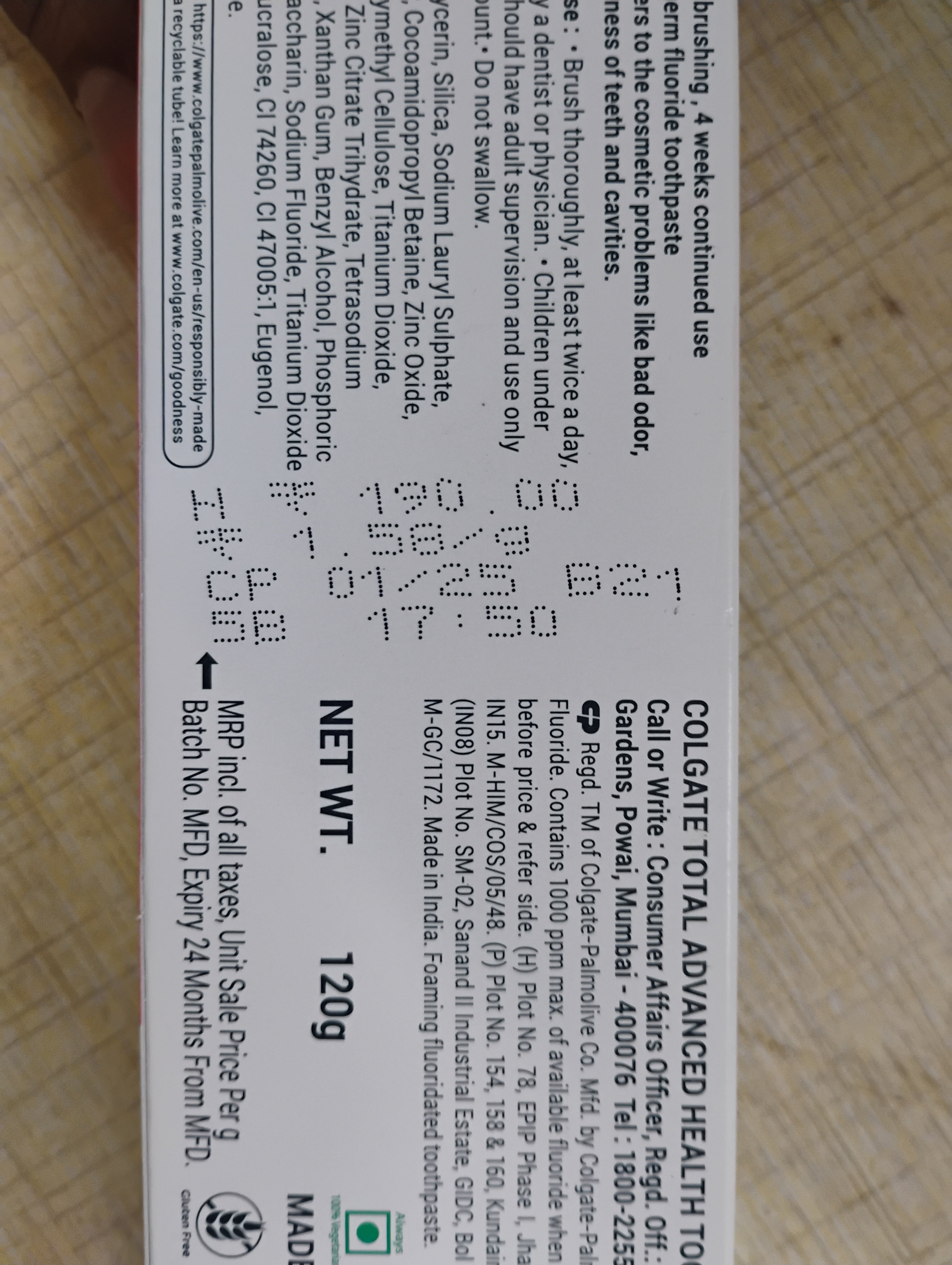 COLGATE TOTAL 120GMS MRP 190/-
