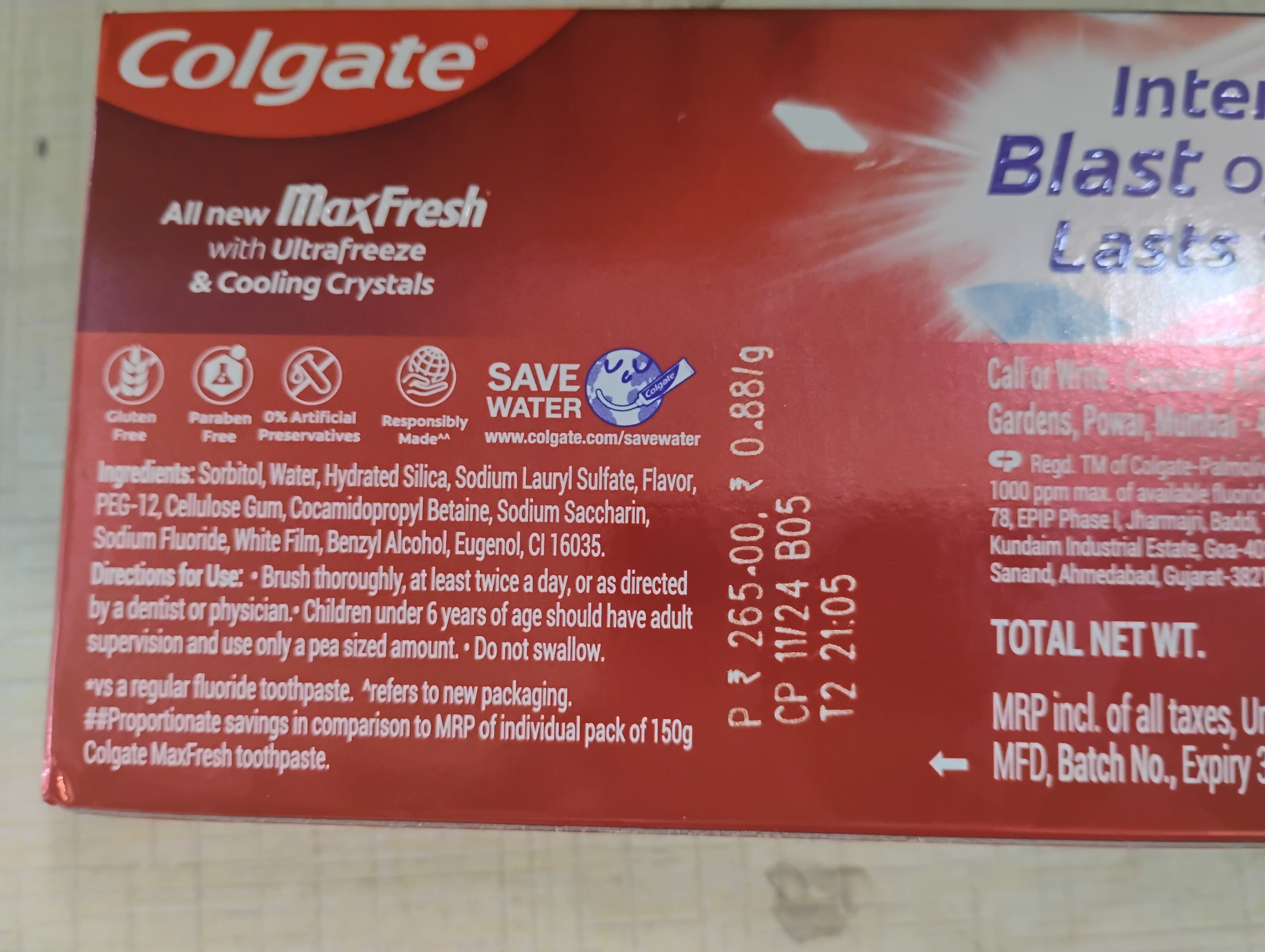 COLGATE MAX FRESH ANTICAVITY TOOTHPASTE 300G MRP 265/-