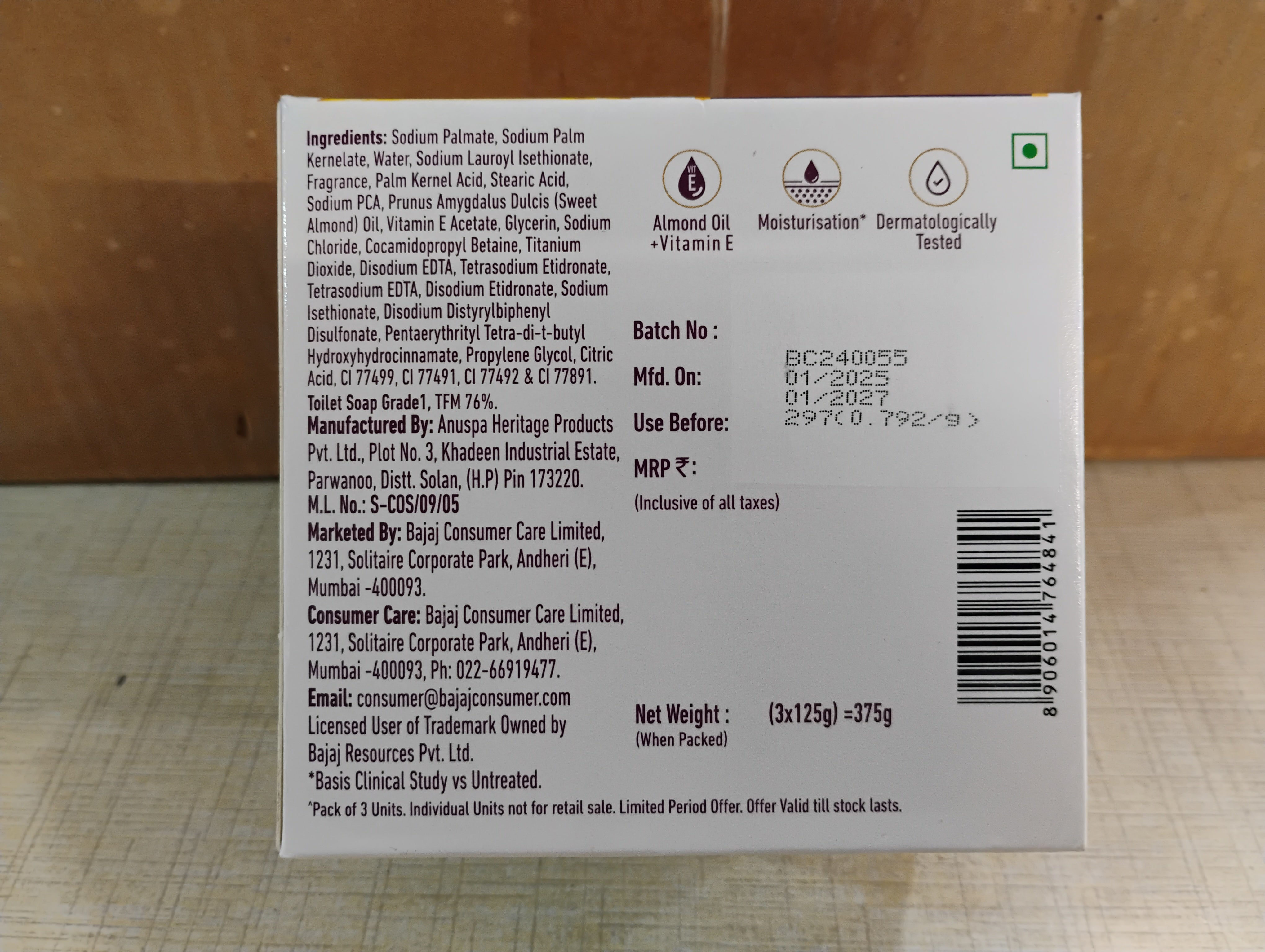 BAJAJ ALMOND DROPS SOAP 3x125gms MRP 297/-