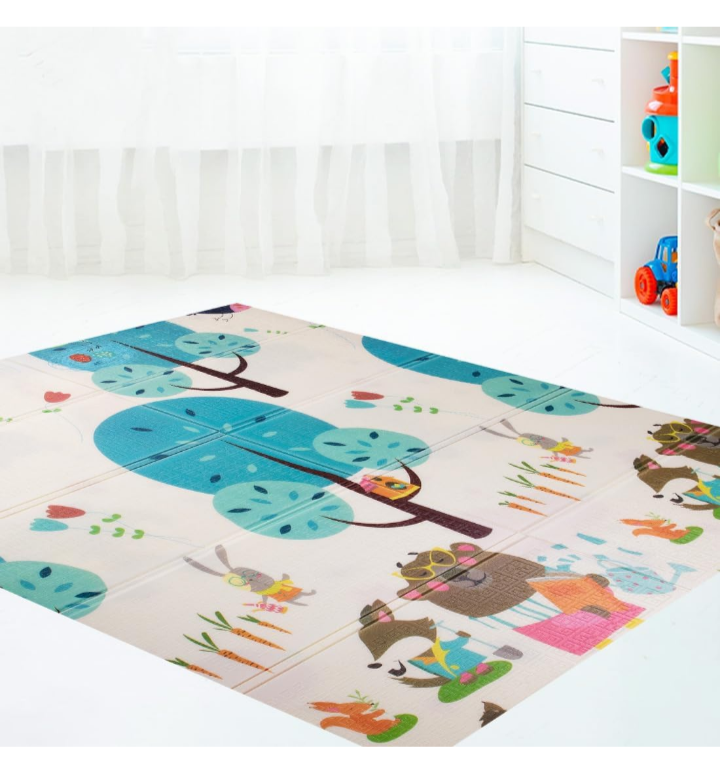 BUMTUM Baby Play Mat | Waterproof Portable Double Side Soft Reversible Non Toxic BPA Free Learning & Crawling Foldable Foam for Toddler, Infant & Kids (Blue Tree Print)