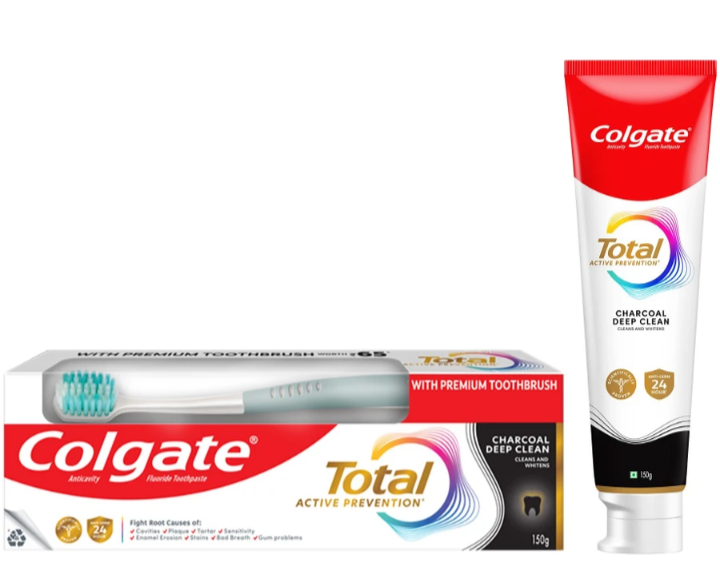 COLGATE TOTAL CHARCOAL DEEP CLEAN 150G MRP 190/- OFFER FREE 65/- BRUSH