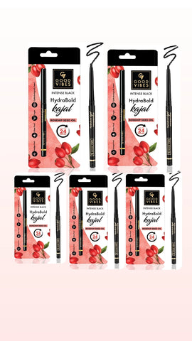 Good Vibes HydraBold Intense Black Kajal (0.35g) | 24HR Long Lasting Stay | Smudge Proof & Water Proof | With Rosehip Seed Oil | Highly Pigmented | Smooth Texture(PACK OF 5 ) ( EXPIRY - 03/26)